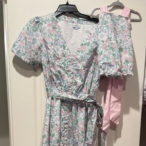 Floral V-Neck Puff Sleeve Wrap Dress - Pastel Pink & Green